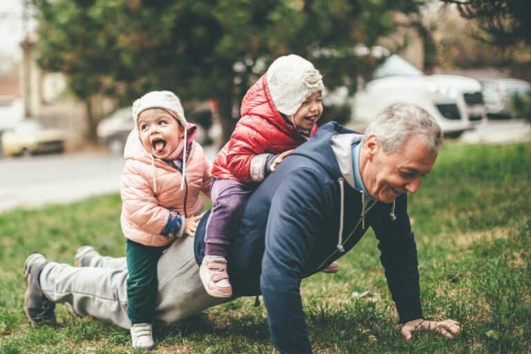 senior and kids exercising together